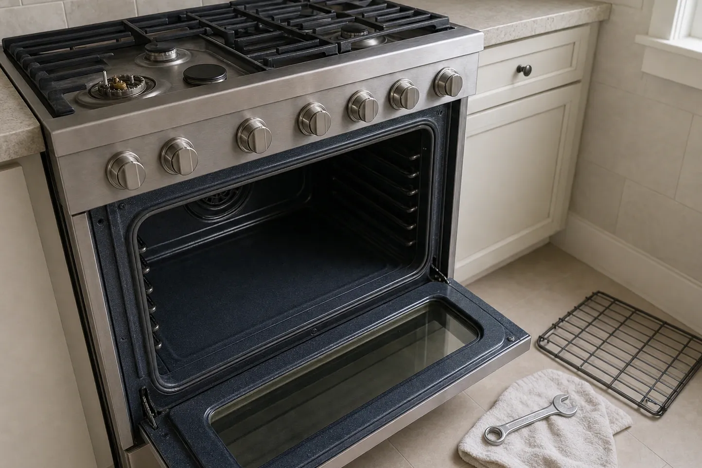 Stainless six-burner gas range with the oven door dropped fully open on an empty cavity, one burner stripped to its head and a rack out on the floor