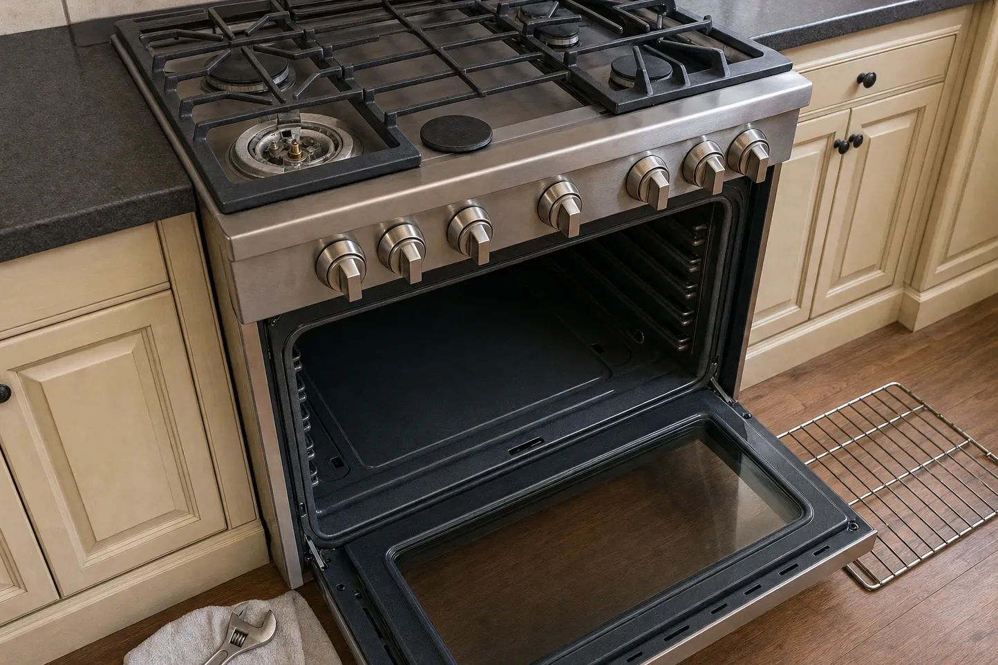 Stainless gas range seen from above in cream cabinetry, one burner cap removed and the oven door open on the rack rails