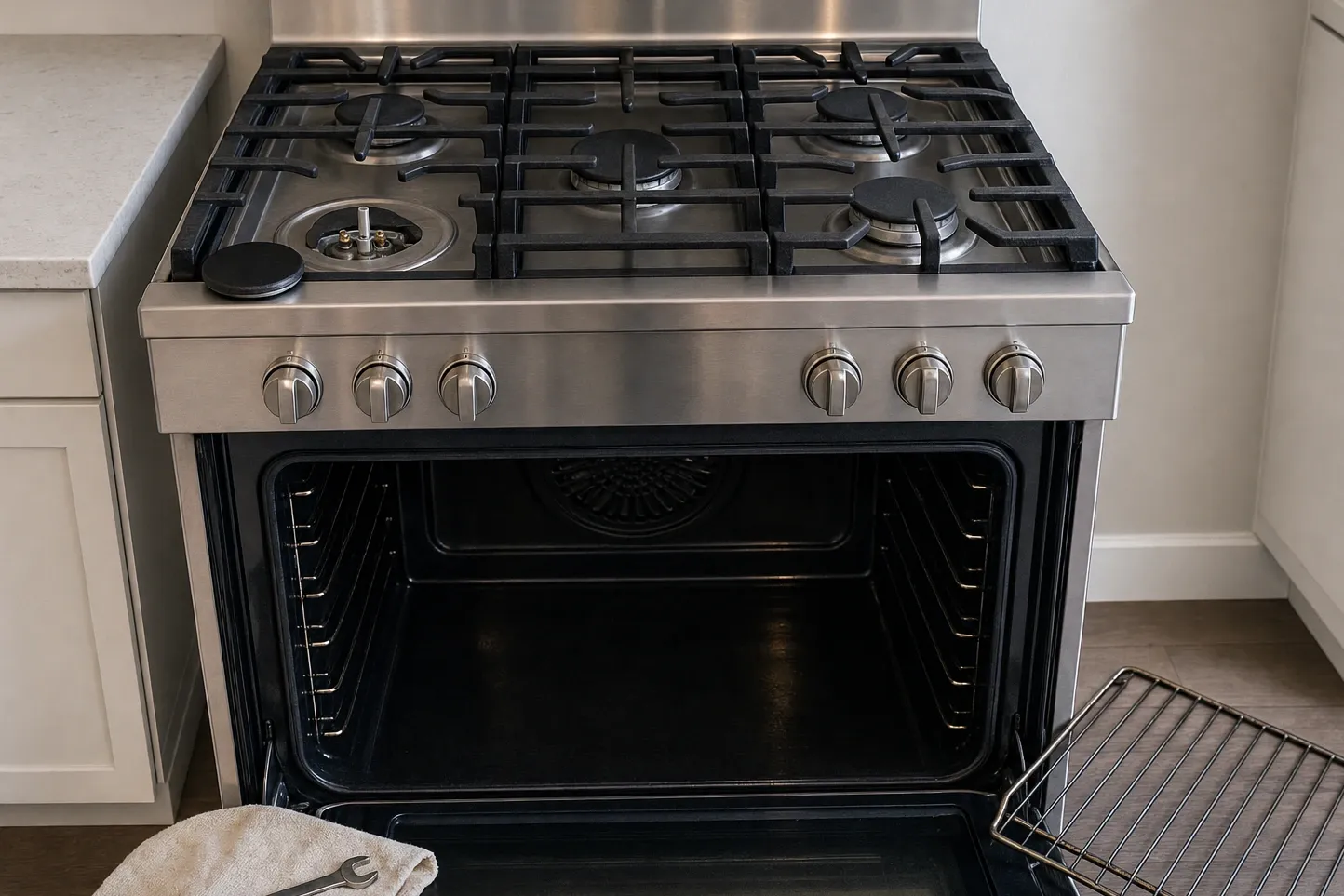 Stainless gas range with a backguard, front-left burner cap off and the oven door open on the convection fan cover
