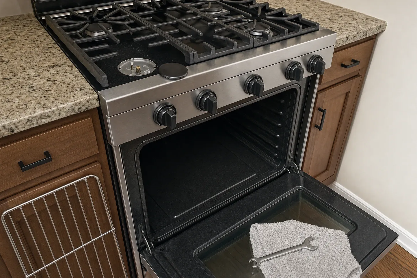 Stainless gas range with black knobs, one burner cap lifted off and a folded cloth and open-end wrench resting on the open oven door