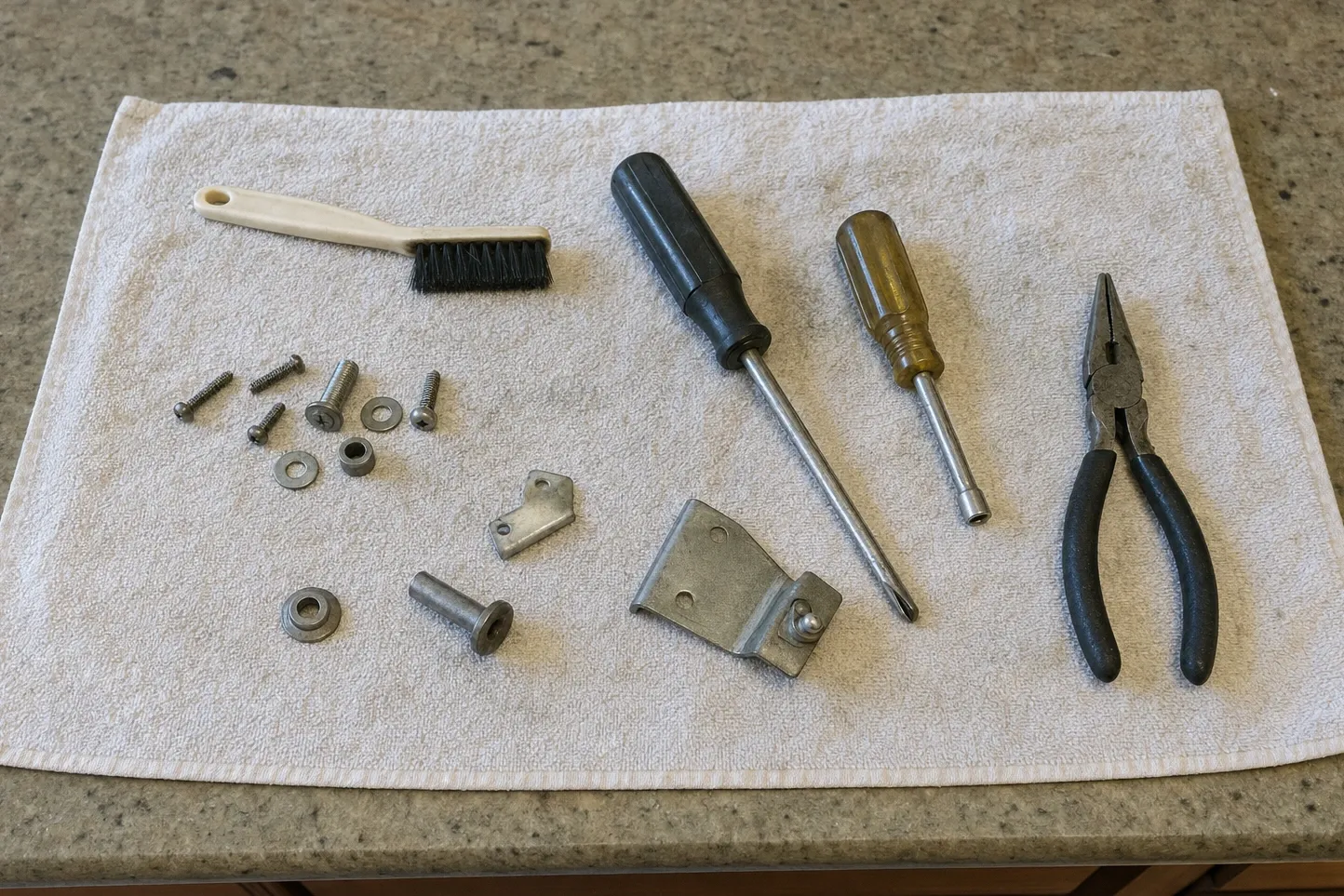 Long-nose pliers, a screwdriver, a nut driver and a parts brush on a cloth beside two brackets, bushings, washers and screws