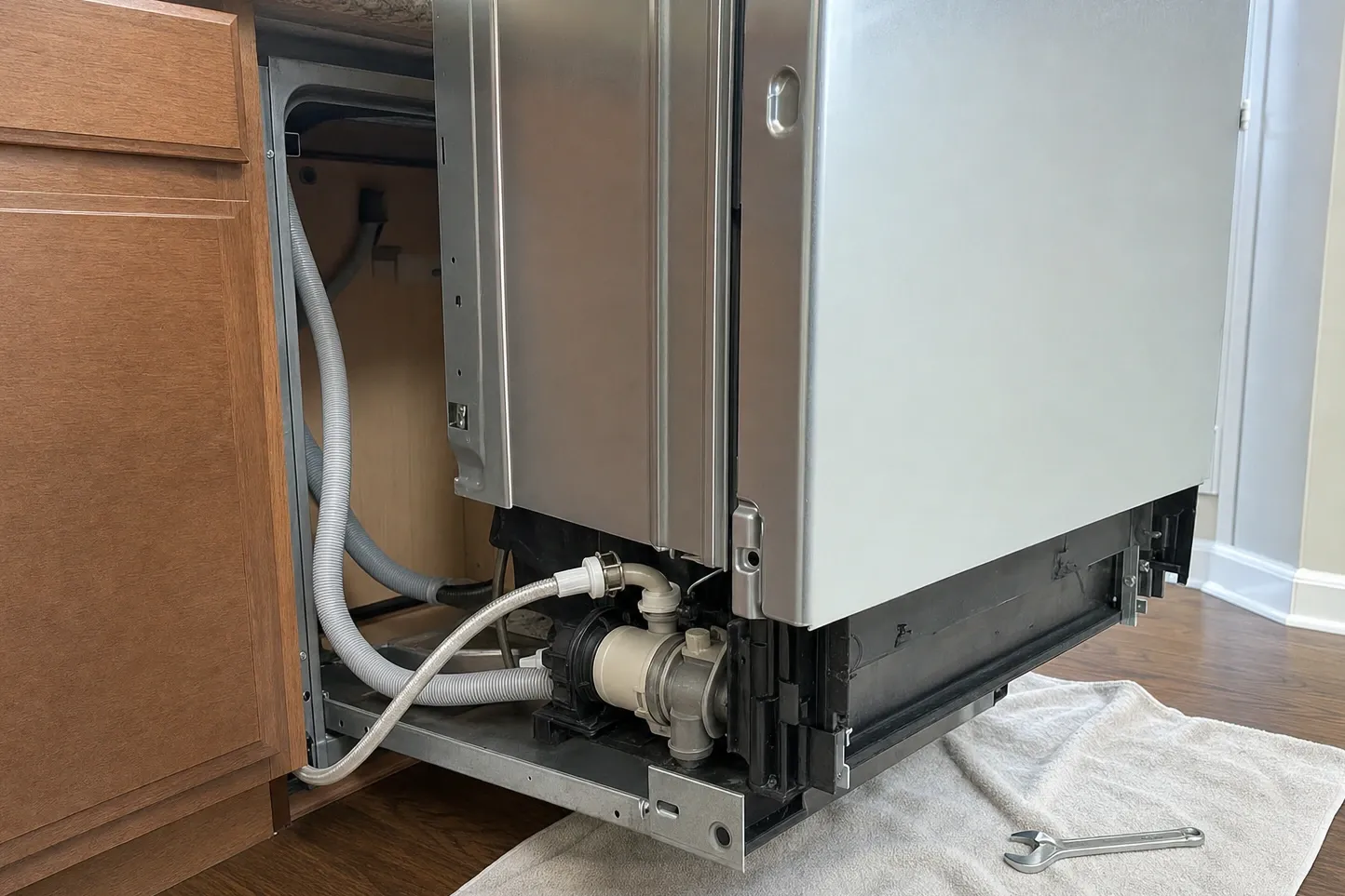 Integrated dishwasher pulled out of its cabinet, drain pump, corrugated drain hose and braided supply line exposed at the base frame