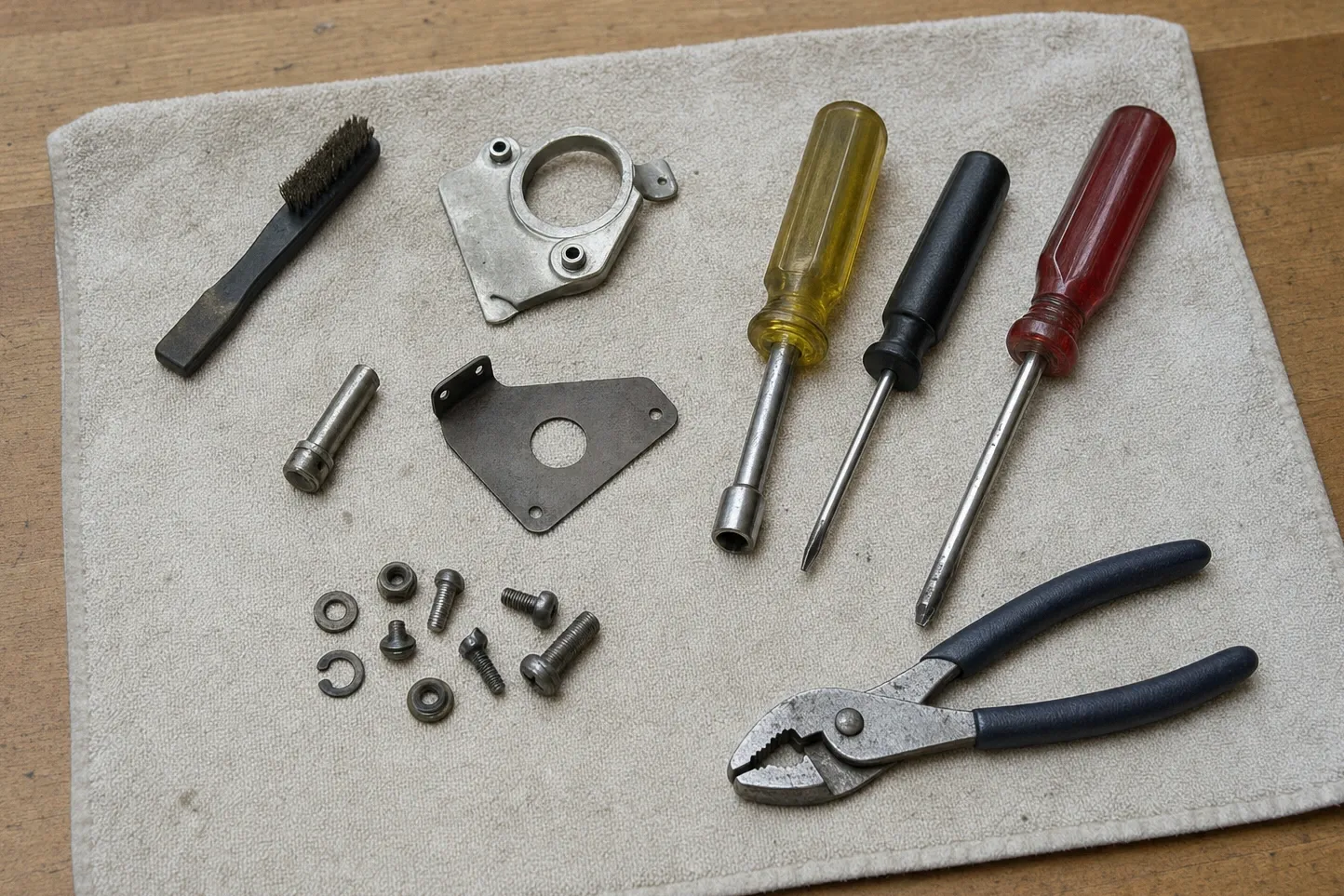 Cast metal collar with a round opening and two bolt bosses, a triangular steel bracket, a short sleeve, a circlip, nuts, washers and bolts laid out beside a wire brush, three drivers and slip-joint pliers