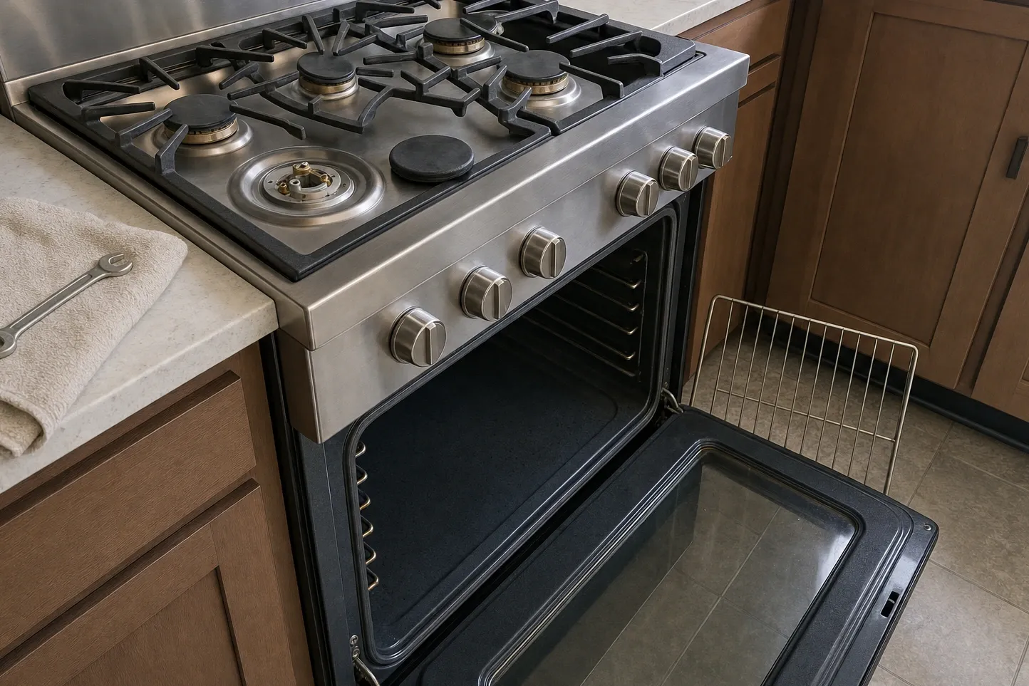 Stainless gas range in dark wood cabinetry with the front burner stripped down to its base, the cap lying on the cooktop beside it, the oven door open and a wrench folded into a cloth on the counter