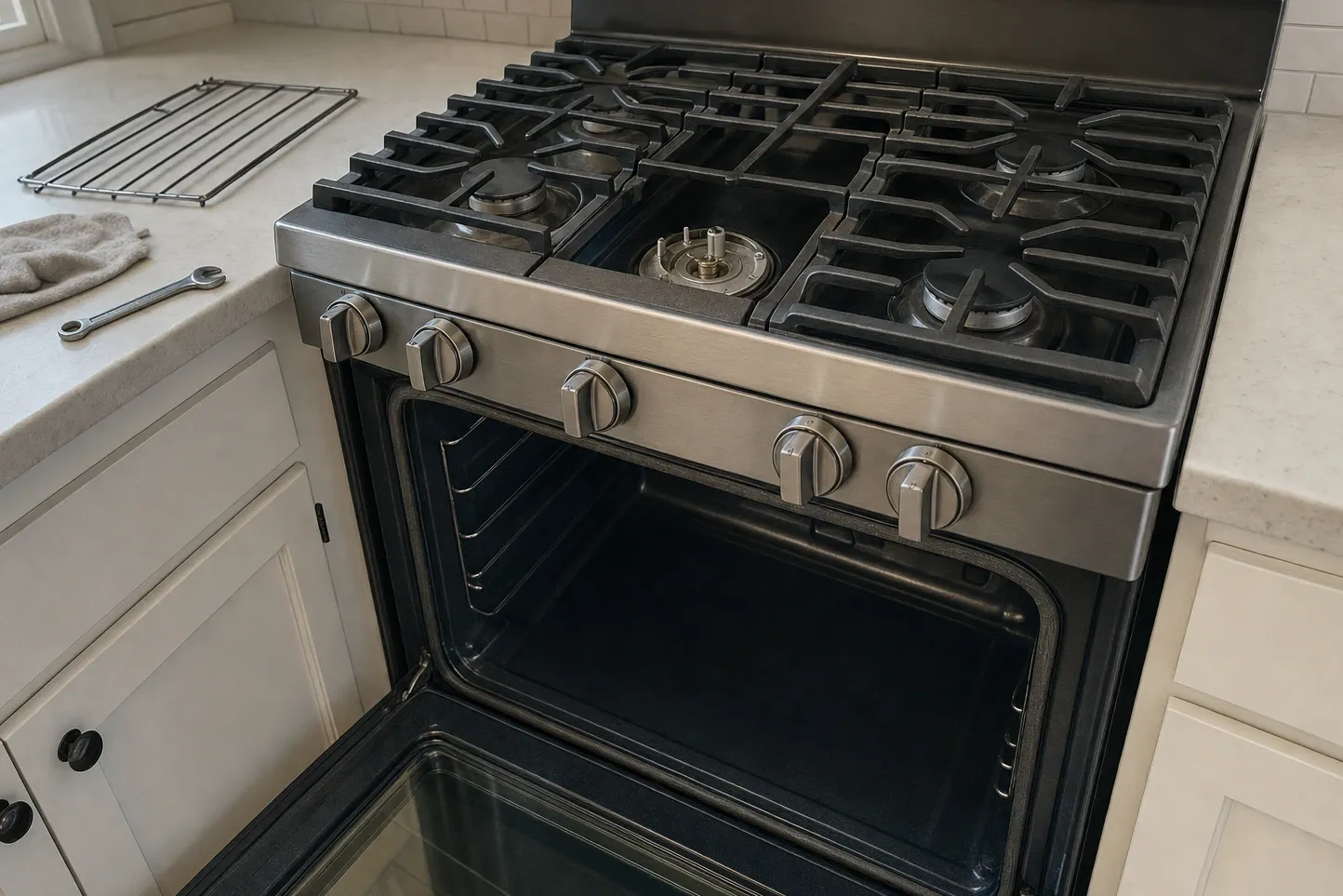 Stainless gas range with a backguard in cream cabinetry, the centre burner stripped to its base with the igniter standing clear at the middle, the cap resting on the burner behind it and the oven door open