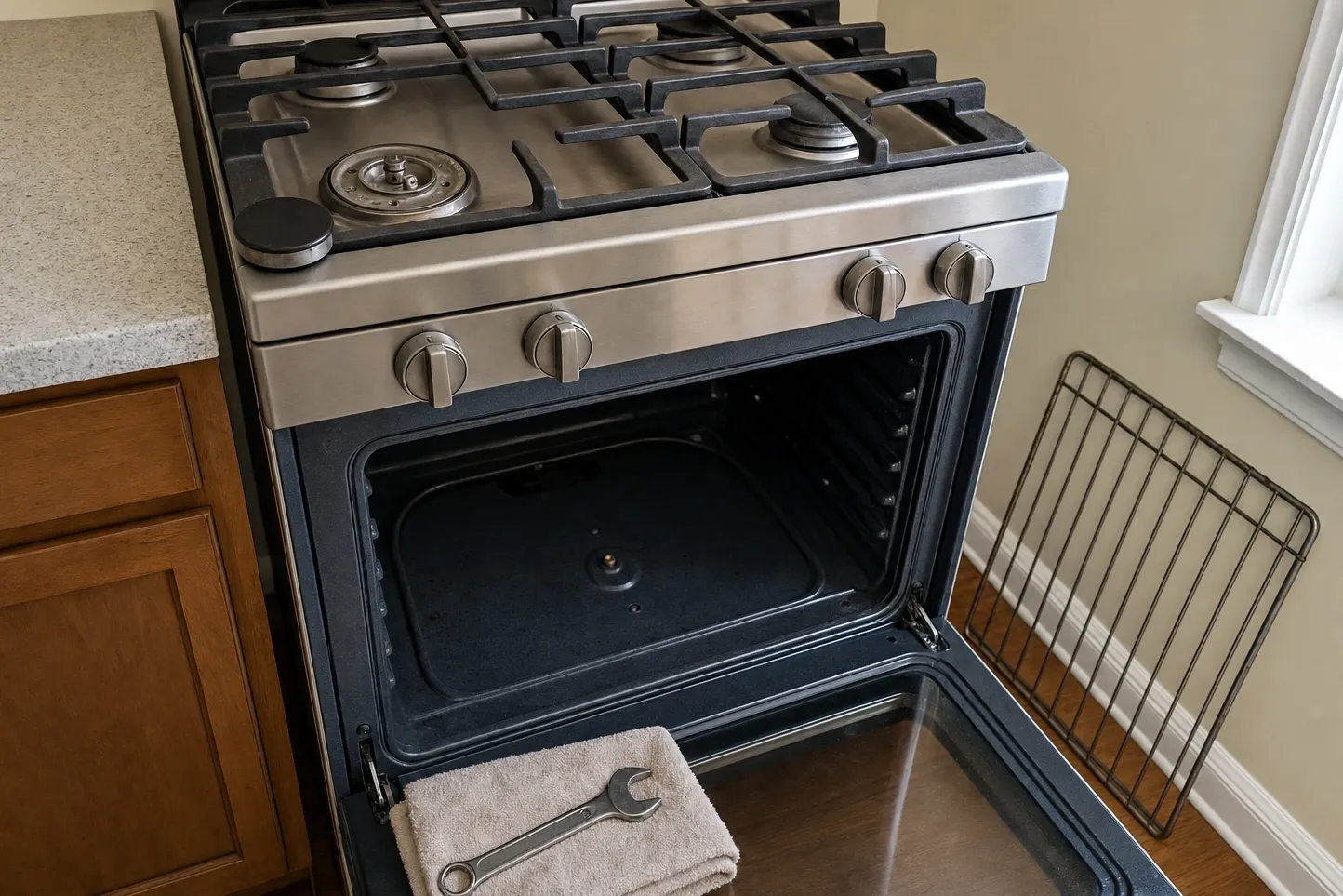 Stainless gas range in a corner run of wood cabinetry with one burner opened to its base, the black cap set on the cooktop edge, the oven door open and a folded cloth and open-end wrench resting on the door