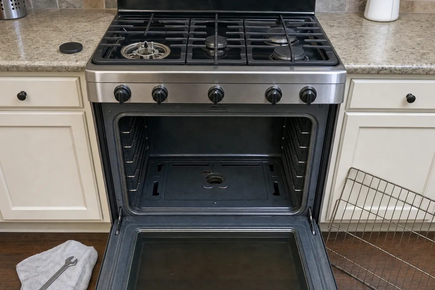 Head-on view of a stainless gas range between cream cabinets, the left burner stripped to its base with the igniter upright at the centre, the black cap on the granite at the left and the oven door open