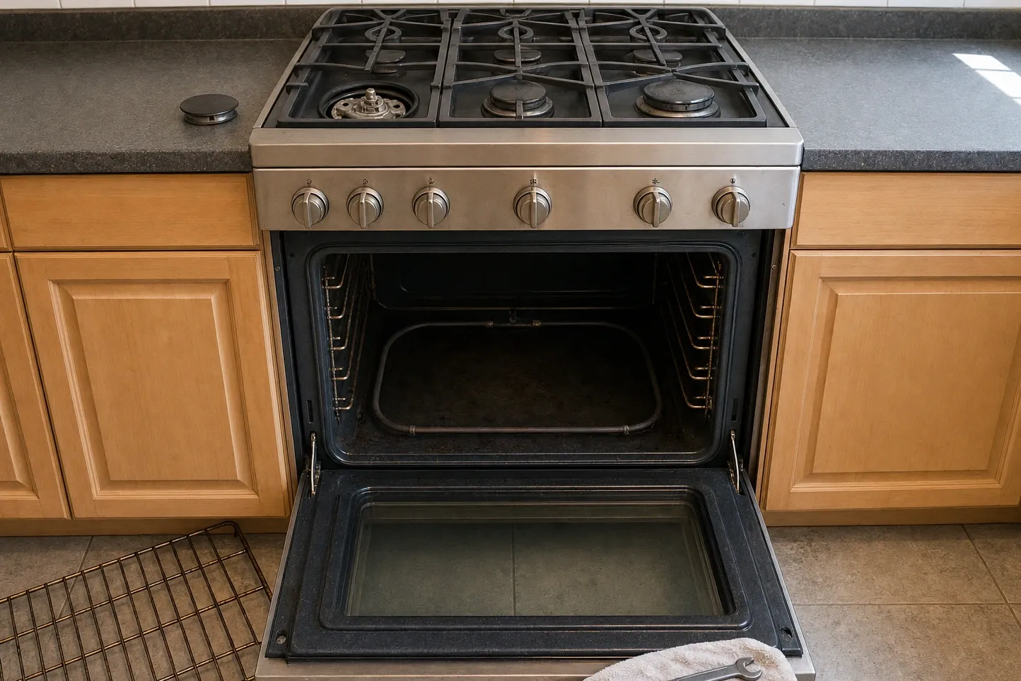 Stainless gas range in light maple cabinetry with a dark worktop, the front-left burner opened to its base, the cap on the counter and the oven door open on a marked cavity with a tubular element across the floor