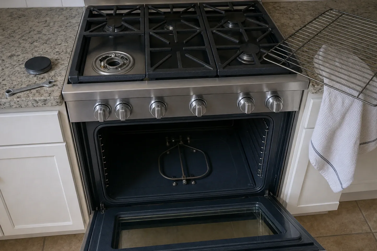 Stainless gas range in white cabinetry with the front-left burner stripped to its base ring, the black cap and a small wrench on the granite beside it, and the oven door open on a tubular element looped across the cavity floor