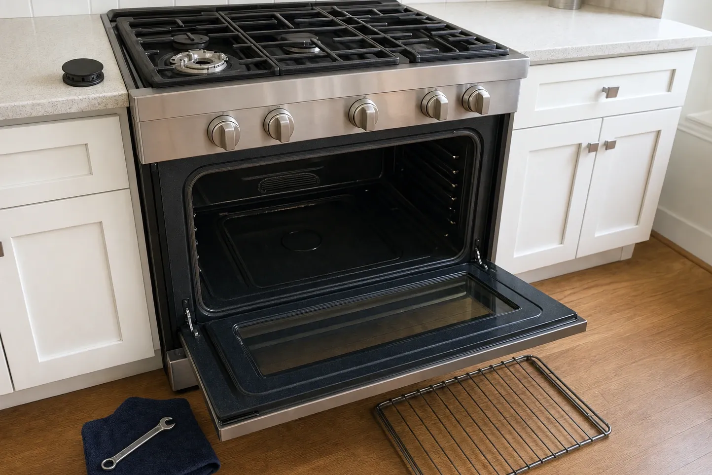 Wide stainless gas range in white shaker cabinetry with the front-left burner opened to its base, the cap on the worktop at the left, the oven door dropped fully open and a rack and wrench on the floor